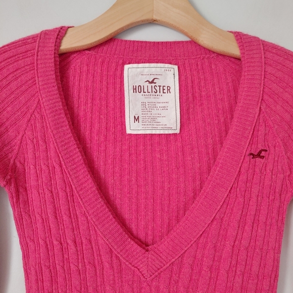 Hollister Vintage 2000s V-Neck Cable Knit Sweater Pink Size Medium - Picture 6 of 15